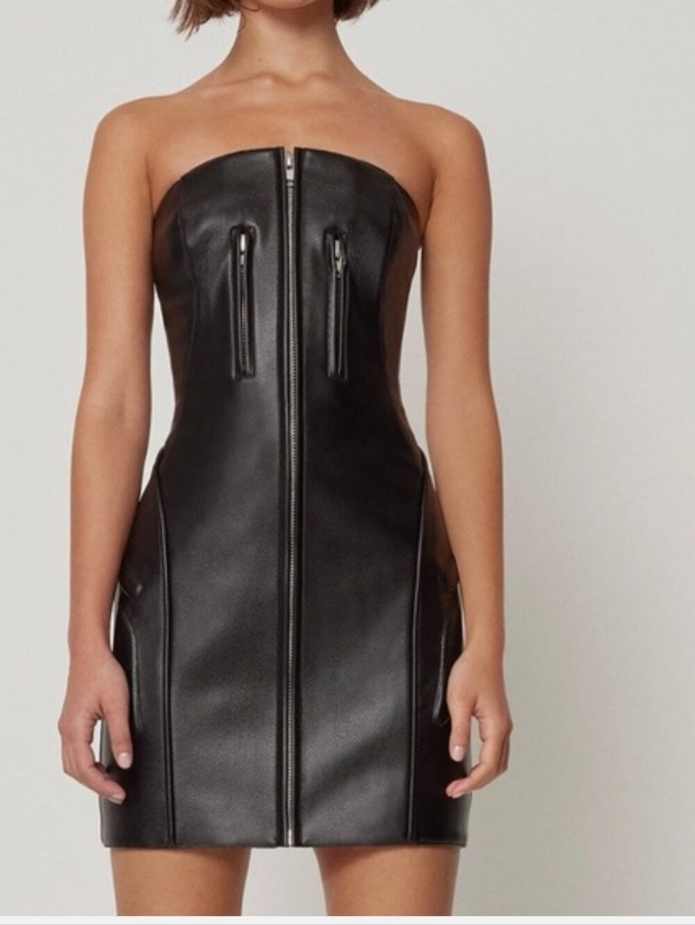 Khy Strapless Black Faux-Leather Zip-Front Mini Dress Lined Size XS